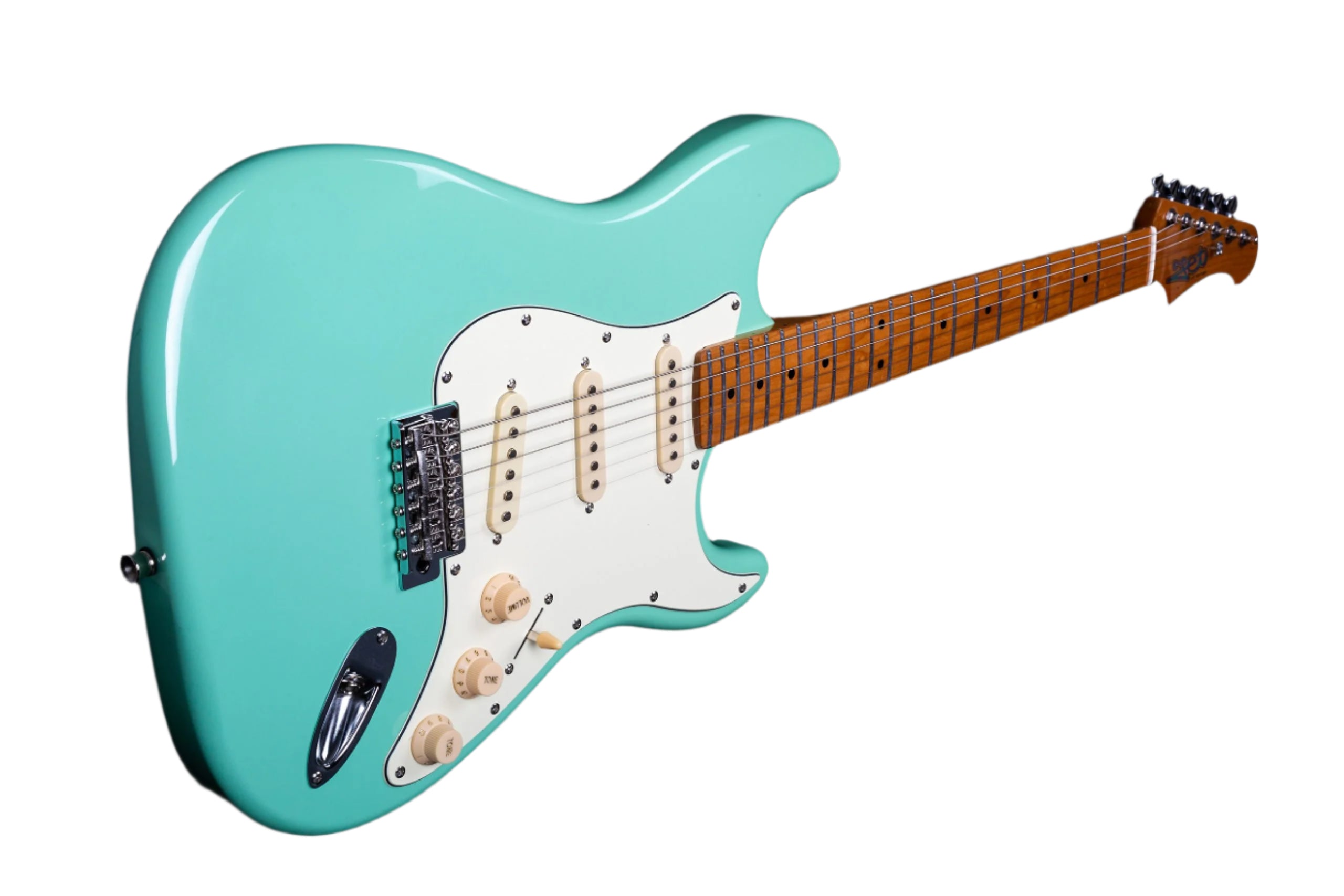 Electric guitar with a glossy turquoise body, white pickguard, three cream pickups, control knobs, and a brown fretboard with dot inlays.
