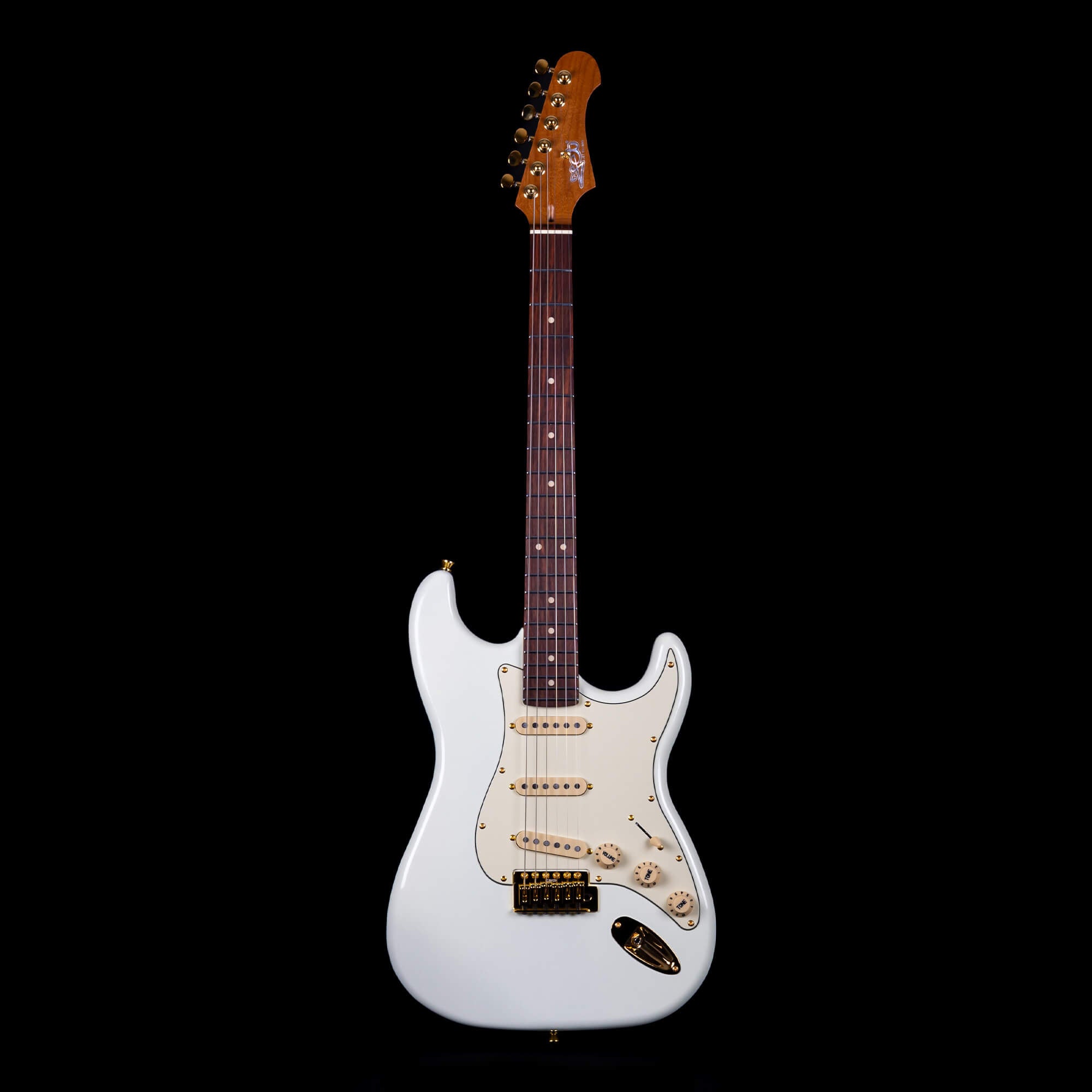 White electric guitar with a classic double-cutaway body, rosewood fretboard, gold hardware, and three single-coil pickups.