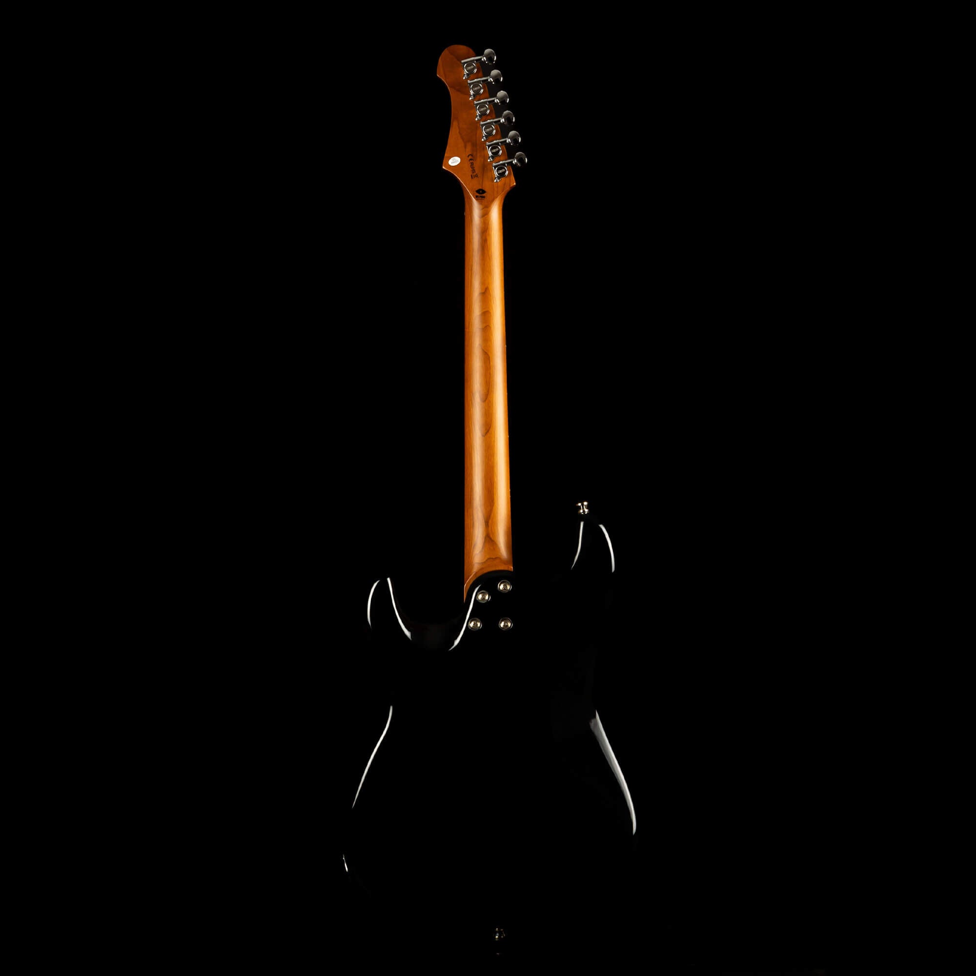 Electric guitar shown from the back, featuring a natural wood neck and glossy black body against a black background.