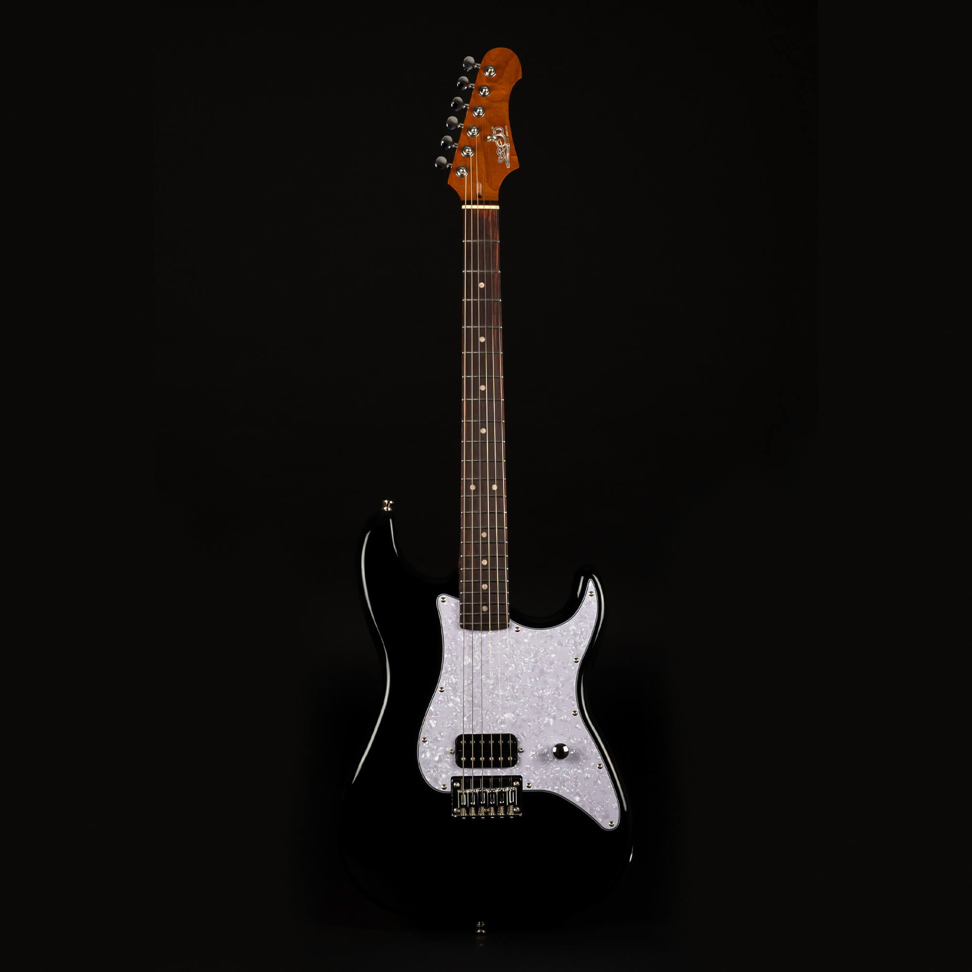 Black electric guitar with a white pearloid pickguard, single humbucker pickup, single control knob, and a dark wood neck with six tuning pegs.