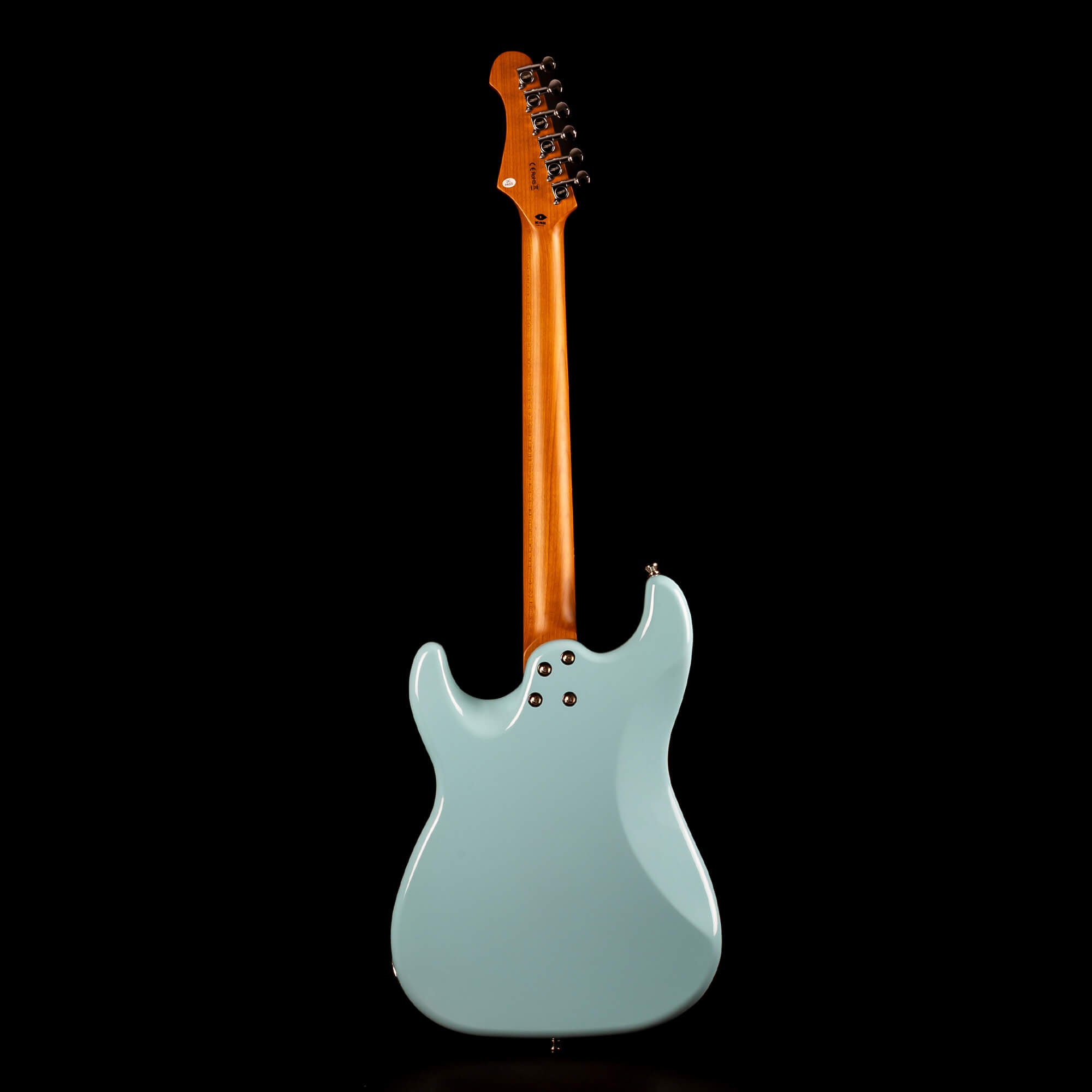 Light blue electric guitar shown from the back, with a natural wood neck and six tuning pegs; body has smooth contours and a glossy finish.