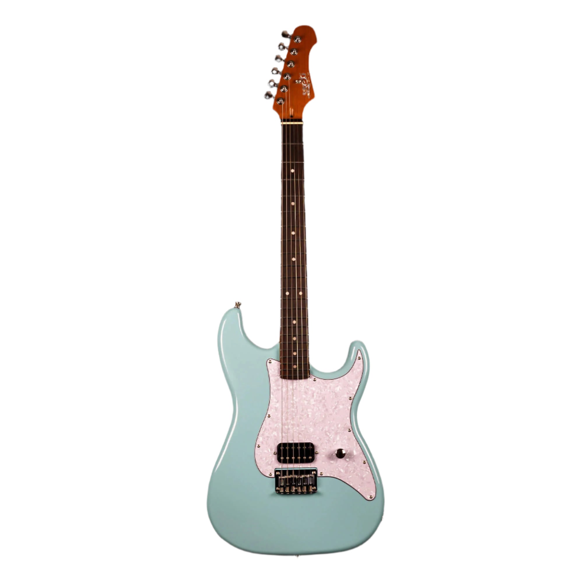 Light blue electric guitar with a white pearloid pickguard, dark fretboard, six tuning pegs, one black pickup, one knob, and a chrome bridge.