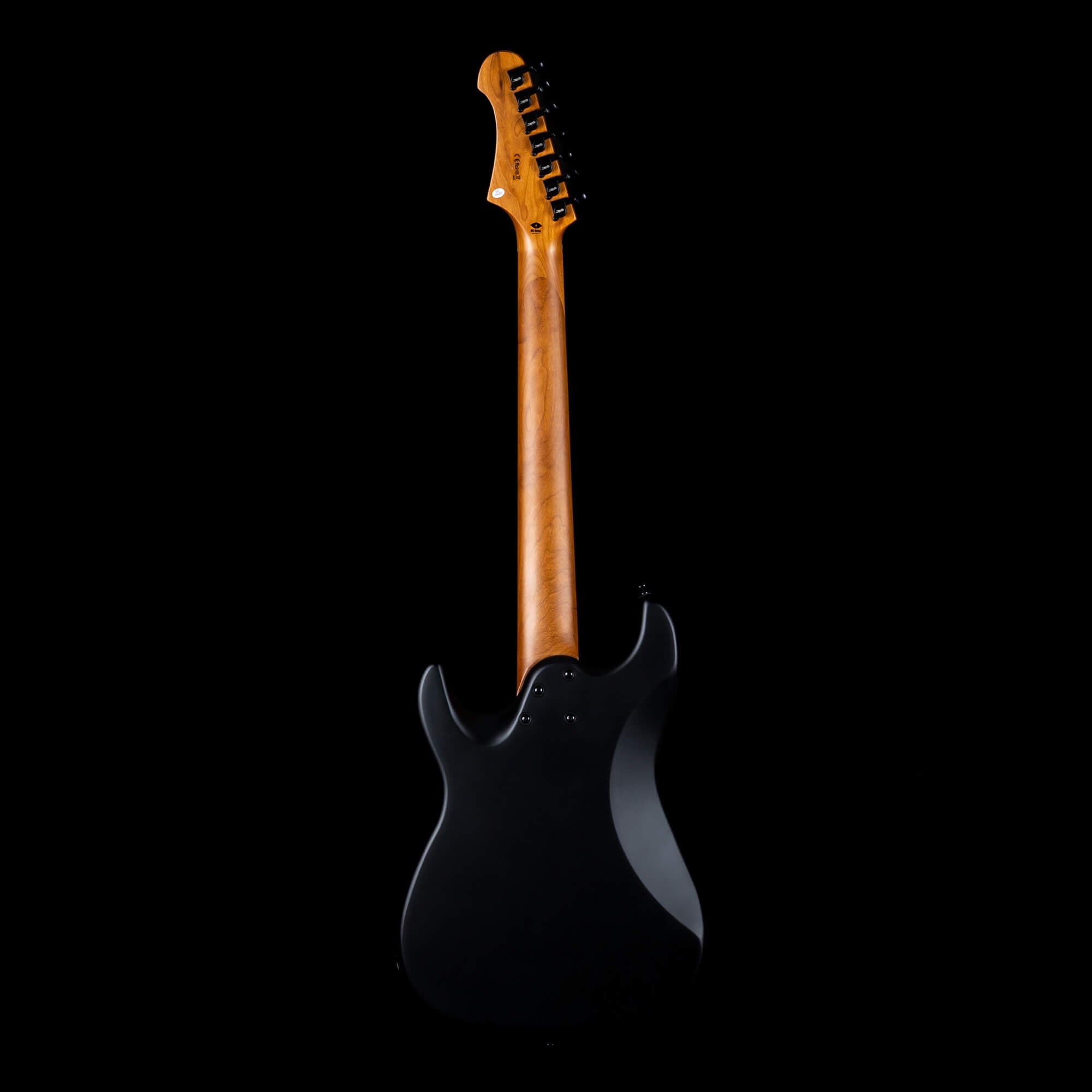 Electric guitar shown from the back, featuring a glossy black body and a natural wood-finish neck and headstock with six tuning pegs.