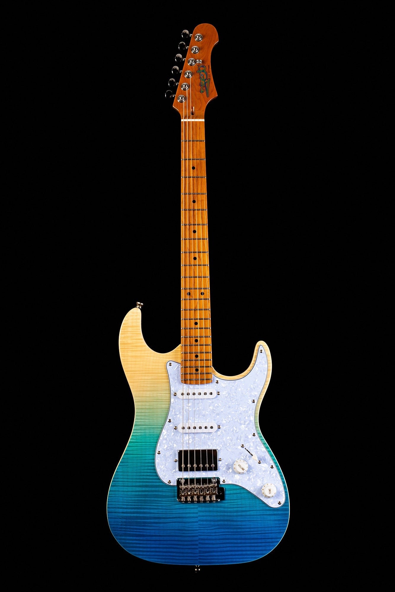 Electric guitar with a glossy wood neck and a body fading from natural wood at the top to green and blue at the bottom, featuring a white pickguard.