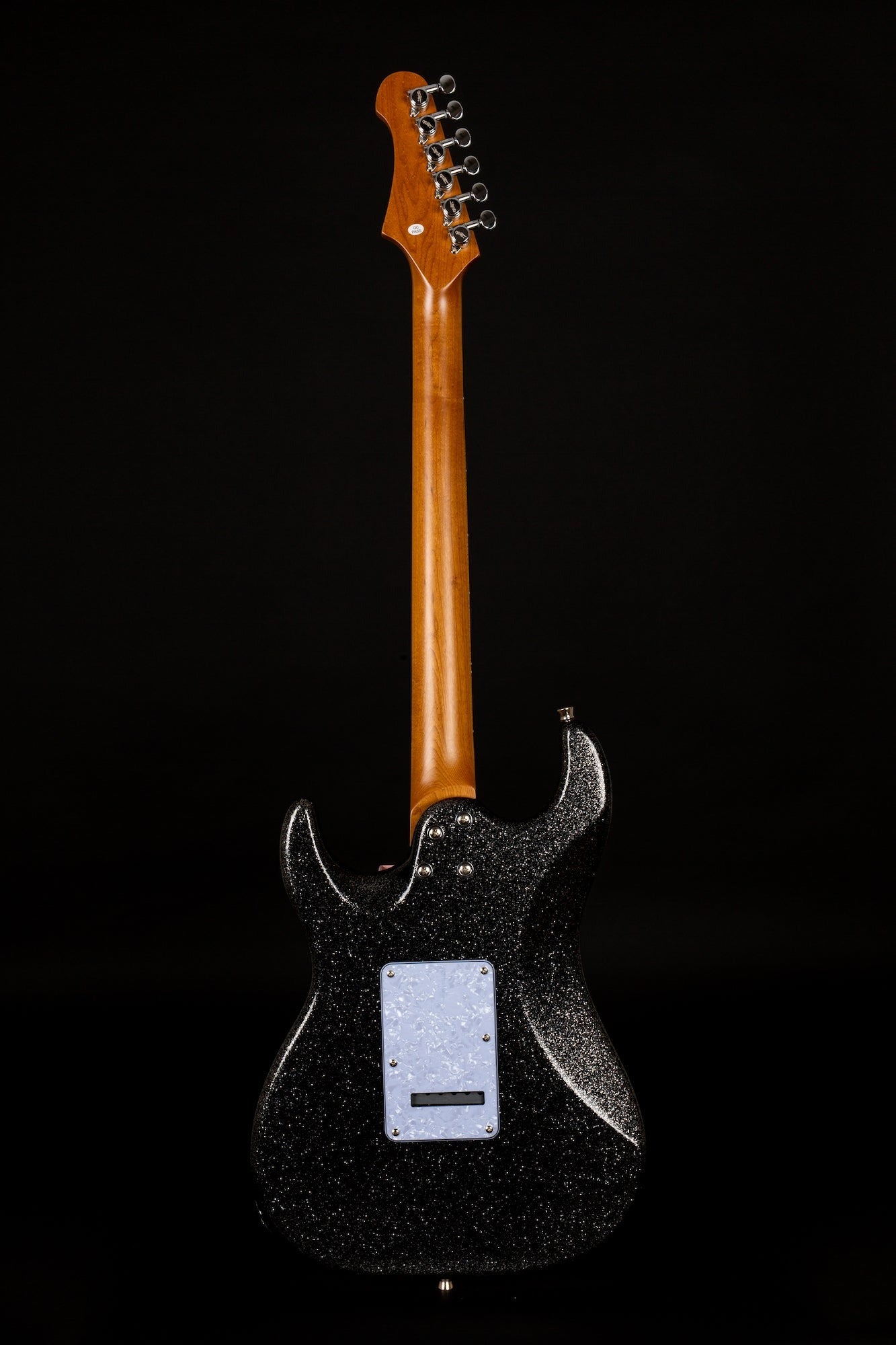 Electric guitar shown from the back, featuring a natural wood neck and a black sparkle body with a white plate near the center.