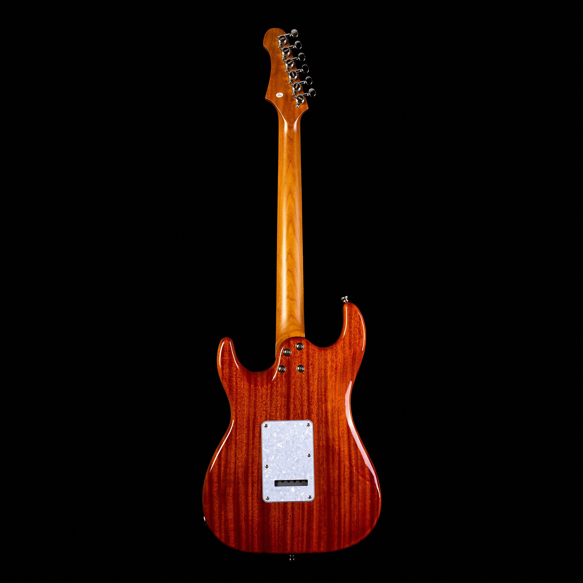 Electric guitar shown from the back, featuring a glossy reddish wood body, light wood neck, chrome tuners, and a white rectangular plate on the body.