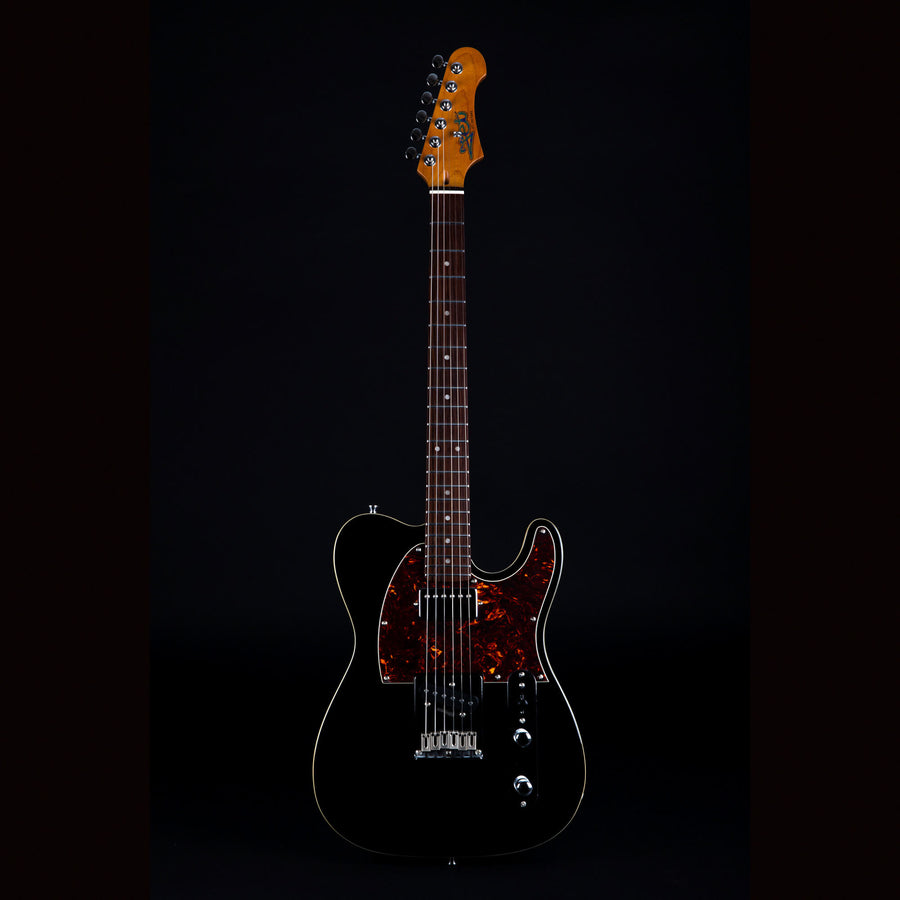 Black electric guitar with a dark tortoiseshell pickguard, chrome hardware, rosewood fretboard, and a natural wood headstock.