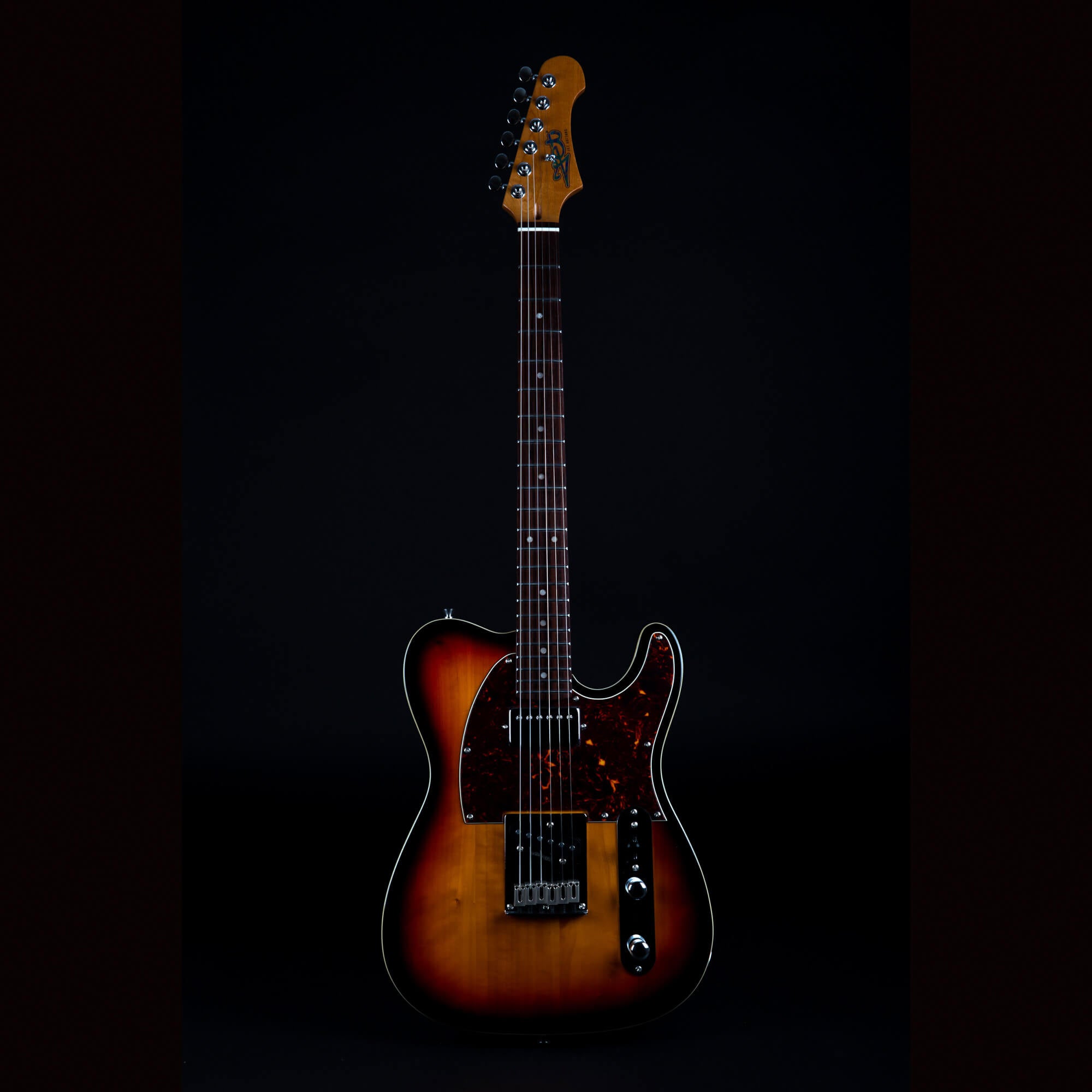 Sunburst electric guitar with a tortoiseshell pickguard, chrome hardware, dark fretboard, and a classic Telecaster-style body shape against a black background.