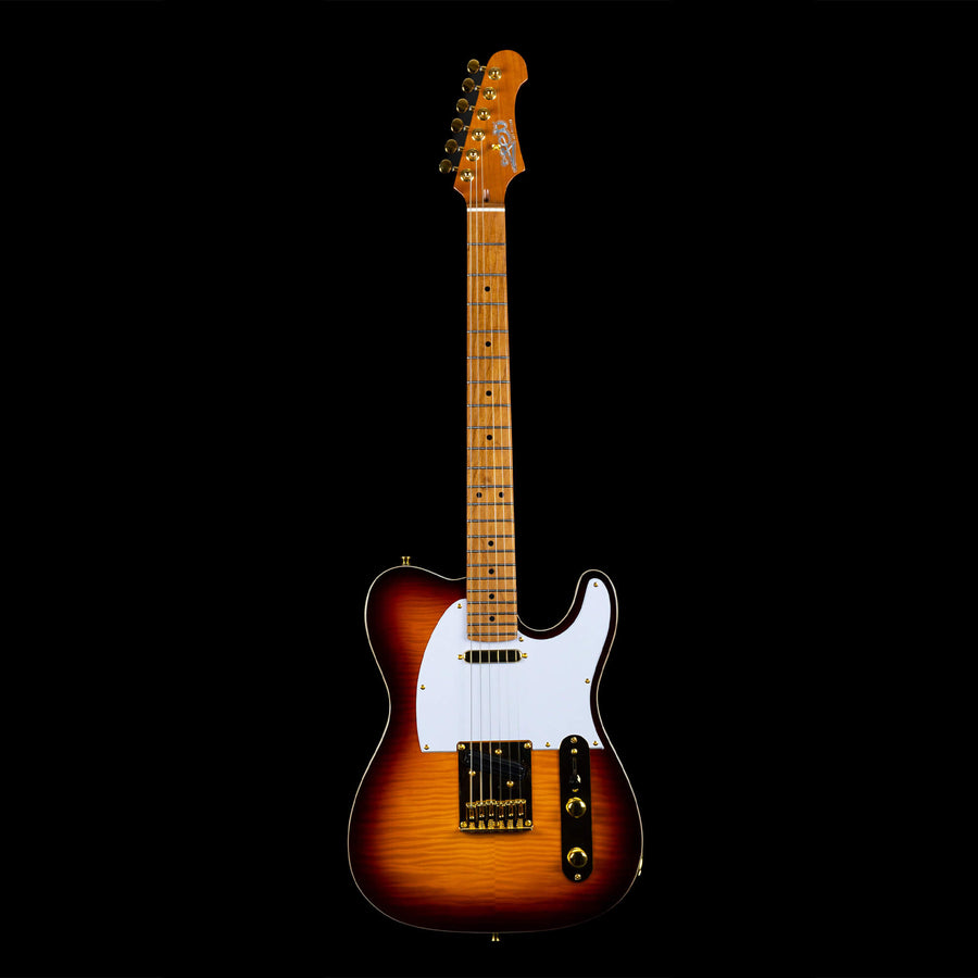 Sunburst electric guitar with a white pickguard, maple neck, two knobs, and gold hardware against a black background.