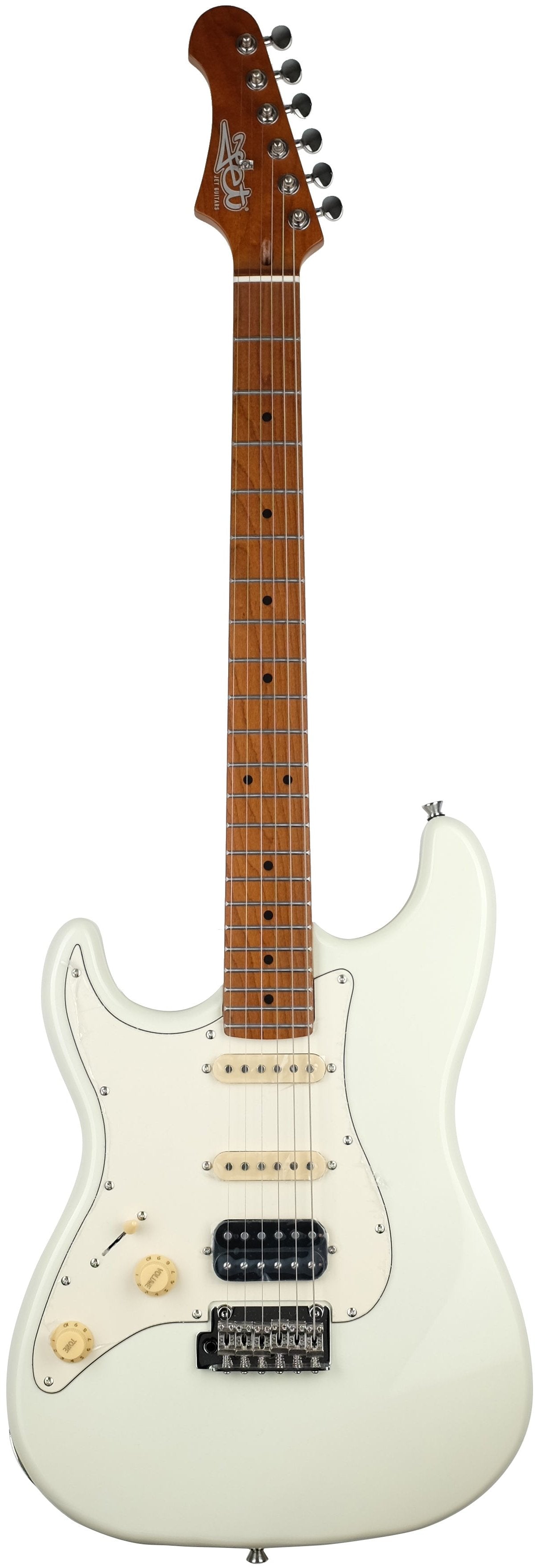 White electric guitar with a light brown neck, three pickups (two cream single-coil, one black humbucker), and cream-colored control knobs.