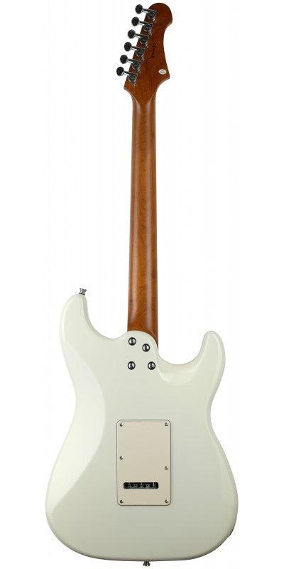 White electric guitar shown from the back, featuring a brown neck, six tuning pegs, and a rectangular electronics cover on the body.