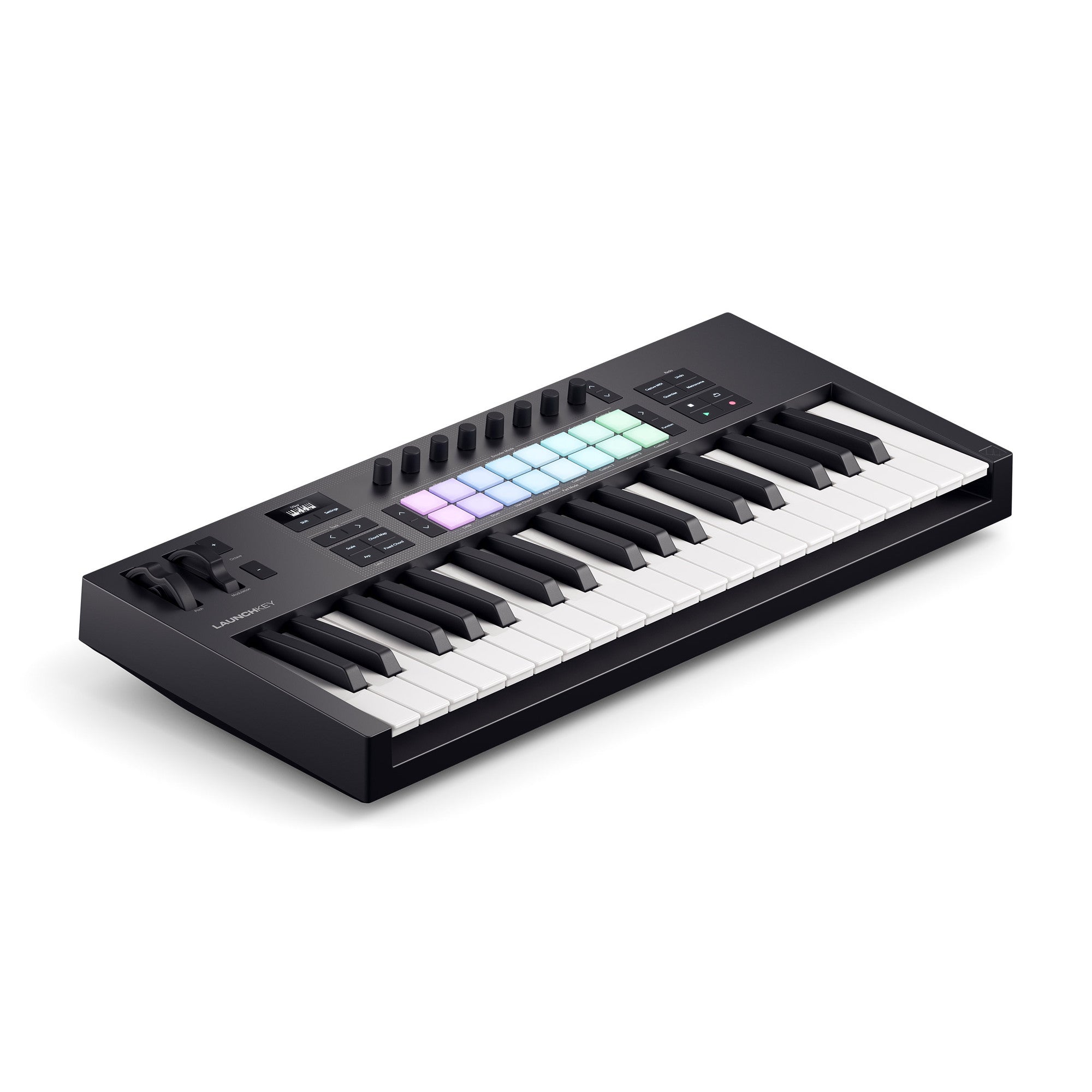 Black midi controller keyboard with 25 keys, 16 square backlit pads, eight control knobs, two pitch/mod wheels, and several buttons on the panel.