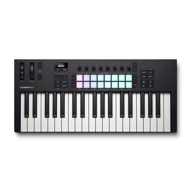 Black MIDI controller keyboard with 25 white and black keys, 16 square backlit pads, 8 knobs, display screen, and various buttons for controls.