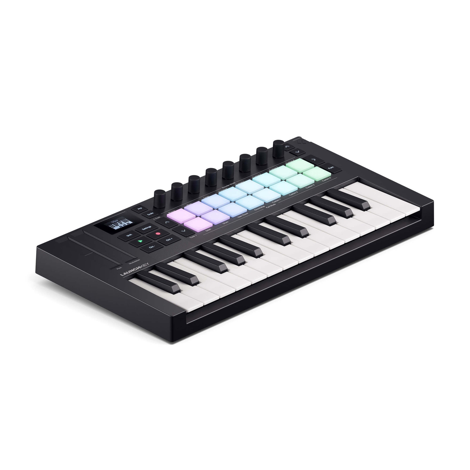 Compact MIDI controller with 25 black and white piano keys, 16 backlit square pads, eight knobs, and a small display screen above the keys.