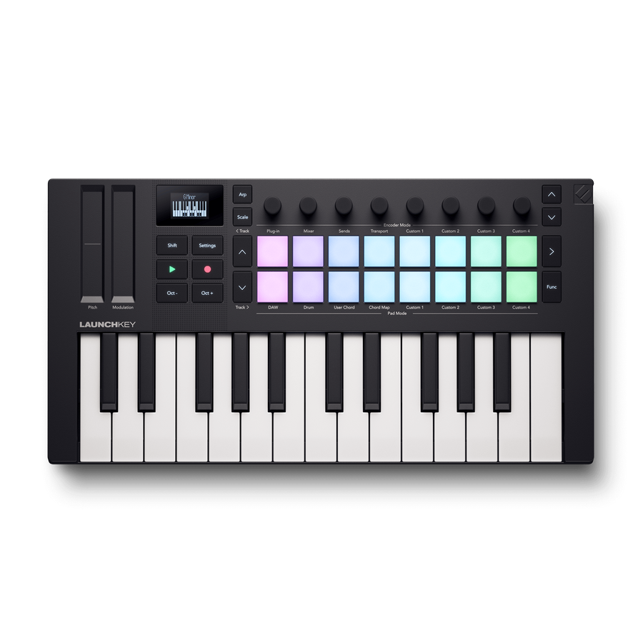 Midi controller with 25 piano keys, 16 colored pads, 8 knobs, pitch and modulation sliders, a small display, and various function buttons.