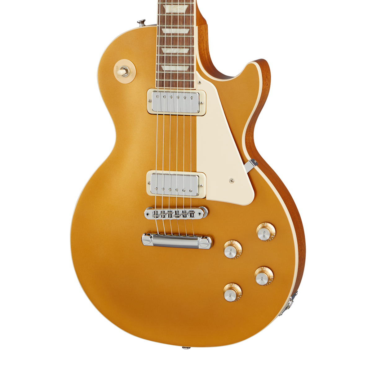 Gold electric guitar with a single cutaway body, two chrome-covered pickups, four control knobs, and a white pickguard.