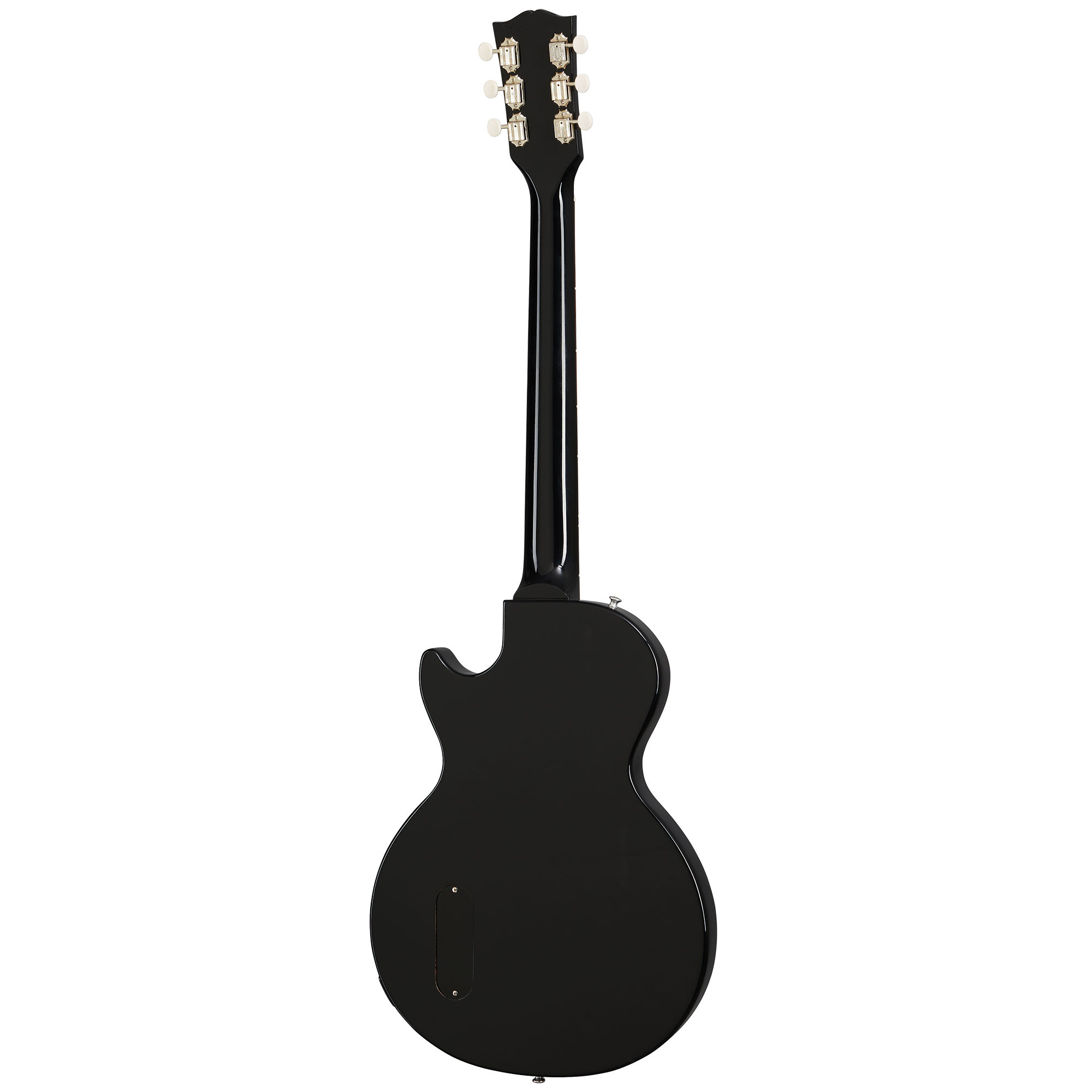 Black electric guitar shown from the back, featuring a single cutaway body and six tuning pegs on the headstock.
