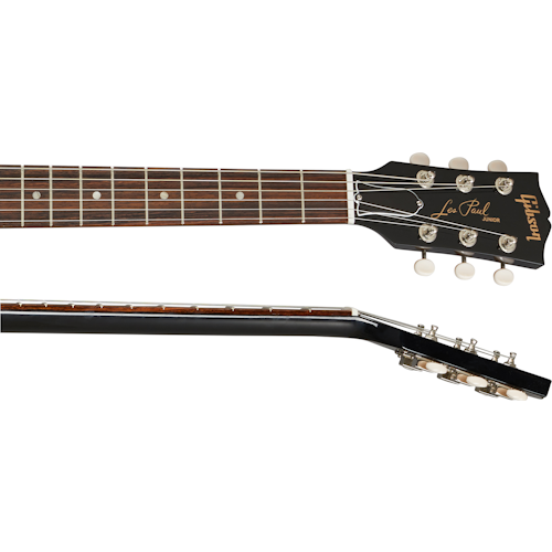 Close-up of a Gibson Les Paul Junior electric guitar headstock and neck, showing tuning pegs, frets, and logo on a black headstock.