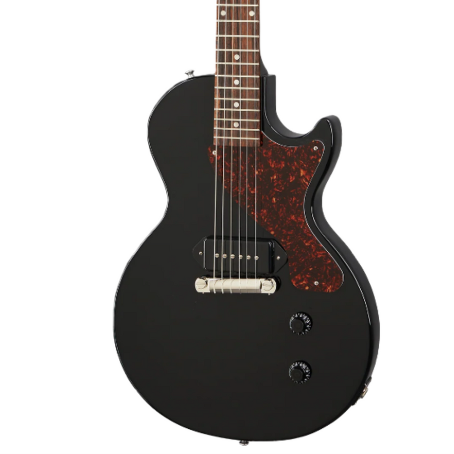 Black electric guitar with a single pickup, two control knobs, and a dark red tortoiseshell pickguard.