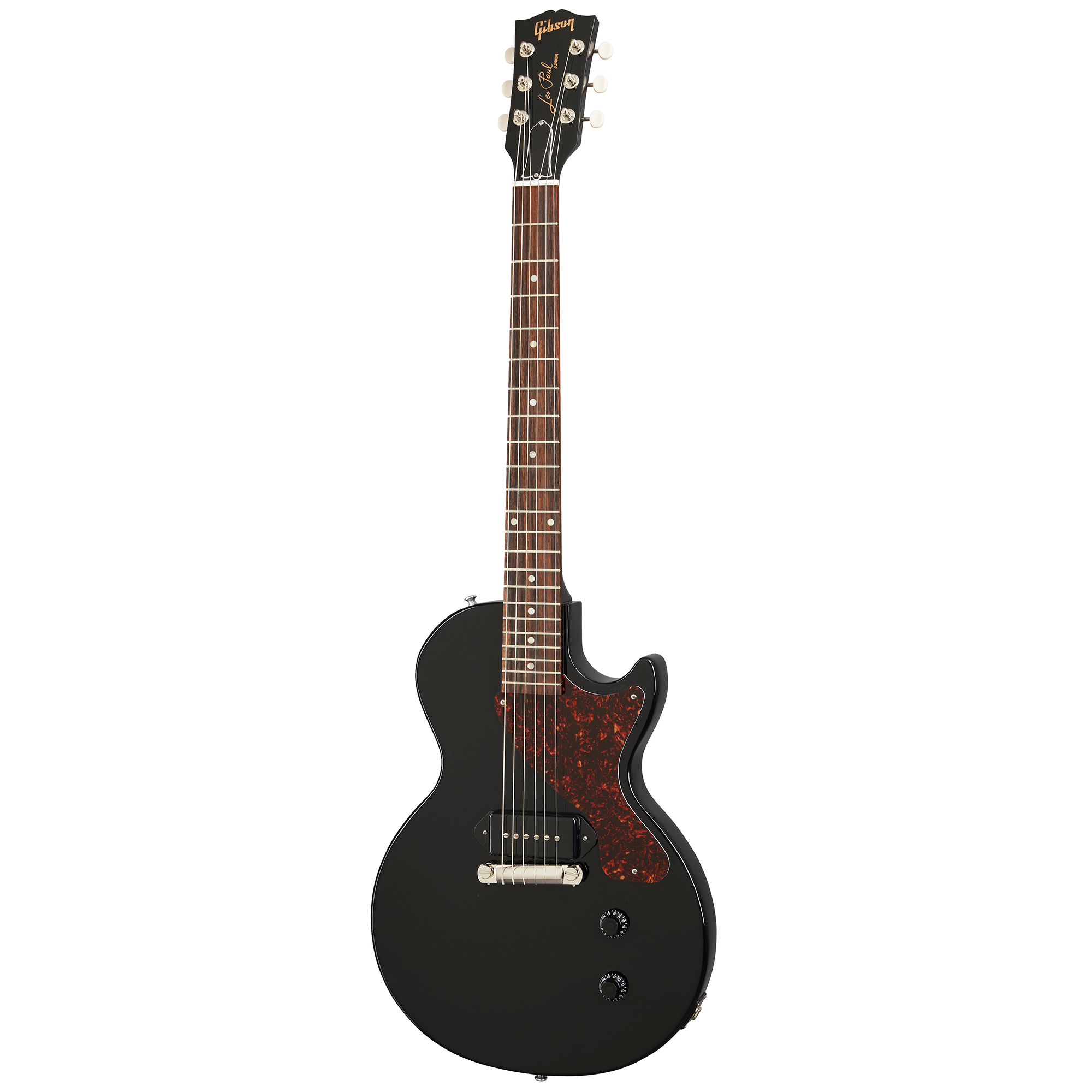 Black electric guitar with a single cutaway, dark brown pickguard, two control knobs, and six tuning pegs on the headstock.