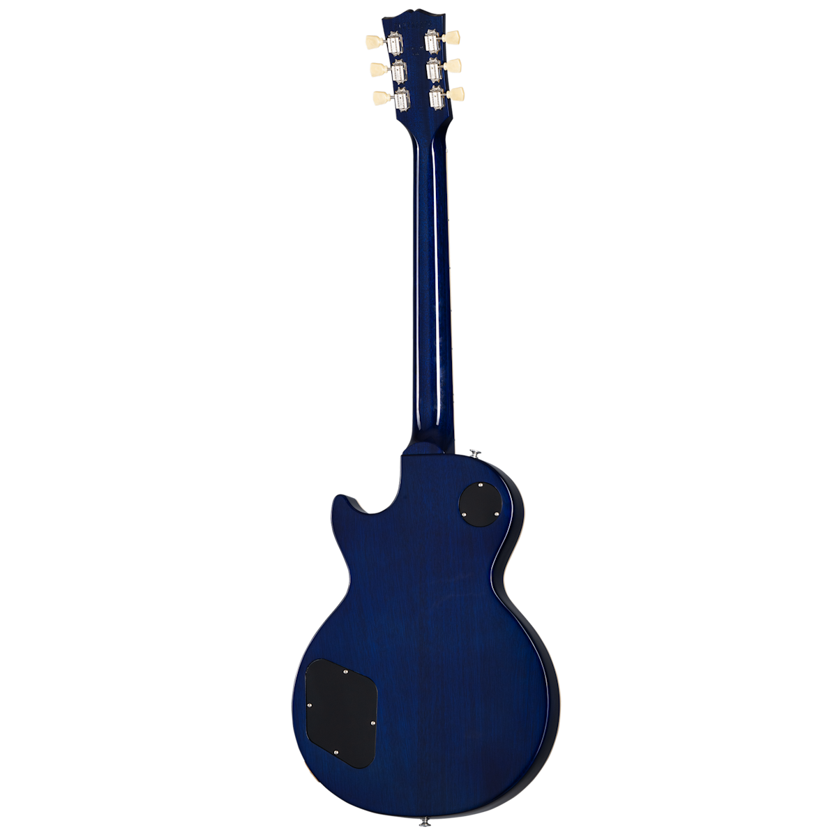 Rear view of a blue electric guitar with cream tuning pegs, rounded body, and two black electronics cavity covers on the back.