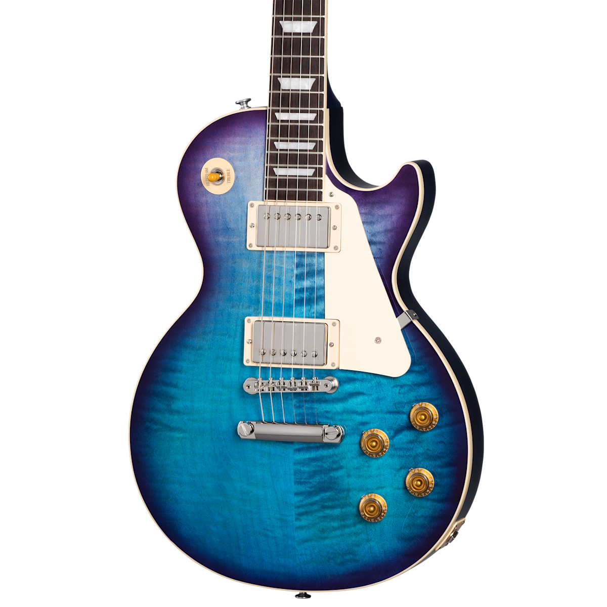 Electric guitar with a blue-to-purple burst finish, two silver humbucker pickups, white pickguard, and four gold control knobs.