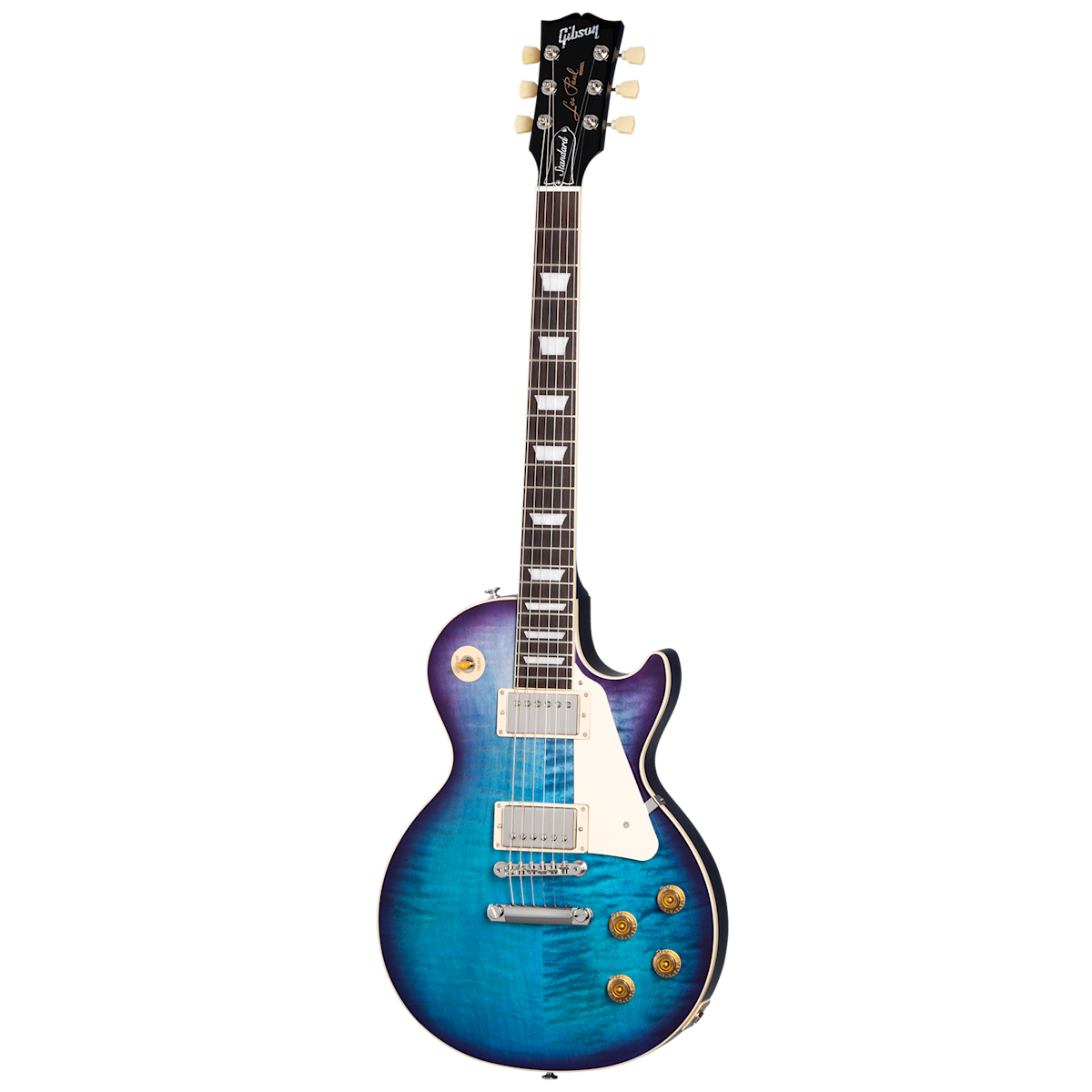 Electric guitar with a single cutaway body, blue to purple burst finish, white pickguard, two humbucker pickups, and four gold control knobs.