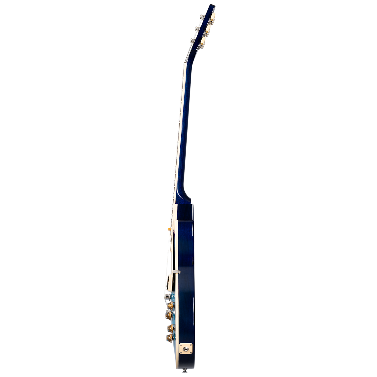 Electric guitar in a deep blue finish shown from the side, highlighting its slim body, neck, and tuning pegs.