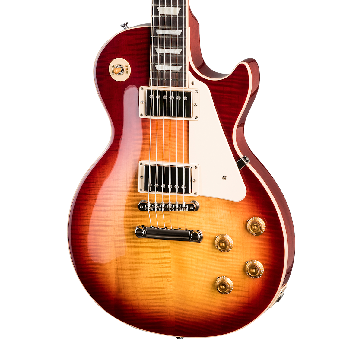 Sunburst-finish electric guitar with a single cutaway, two humbucker pickups, four gold control knobs, and a white pickguard.
