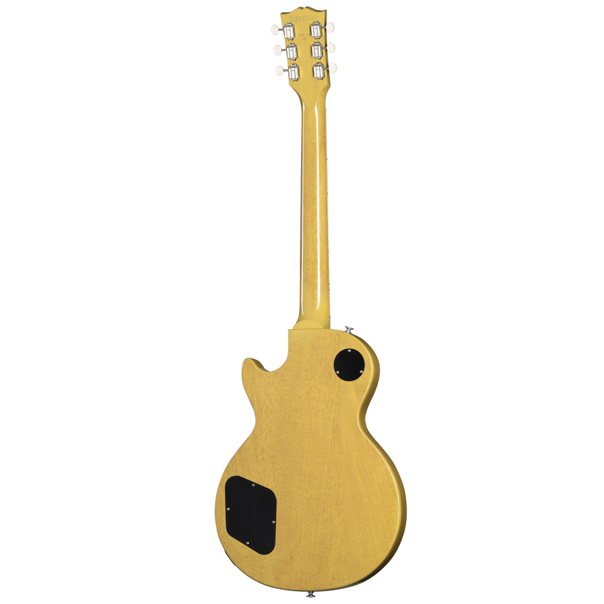 Yellow electric guitar shown from the back, single cutaway shape, two black control cavity covers, and silver tuning pegs on the headstock.