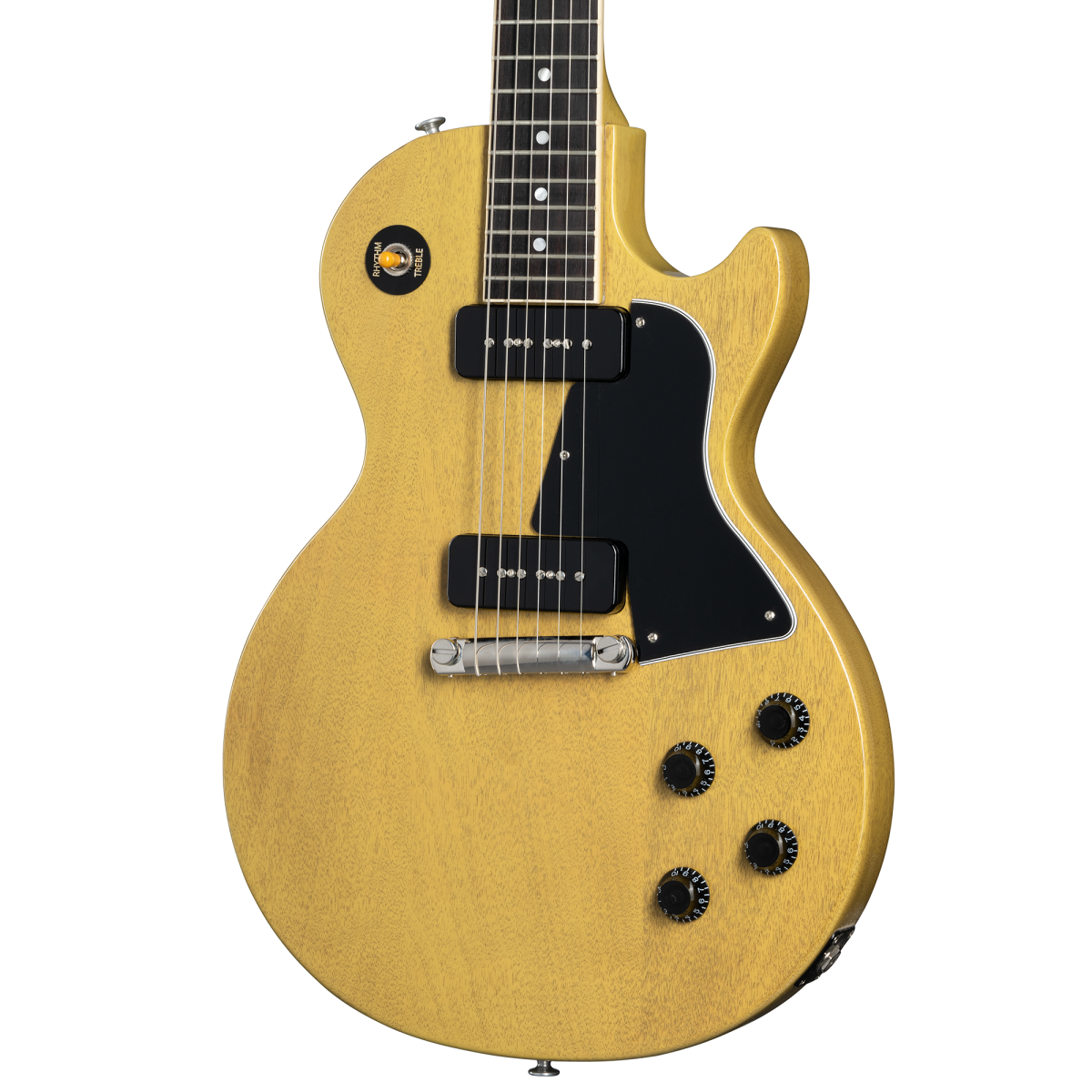 Natural wood finish electric guitar with two black pickups, black pickguard, four black control knobs, and a single cutaway body shape.