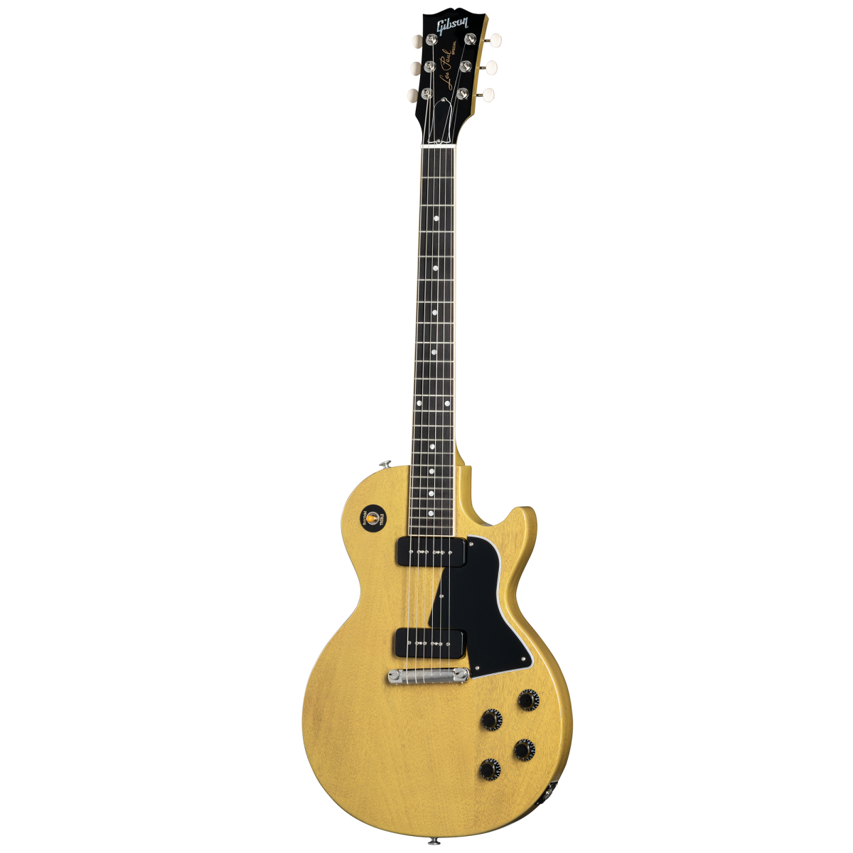 Yellow electric guitar with a single cutaway, black pickguard, four black control knobs, and chrome bridge; classic Les Paul style.