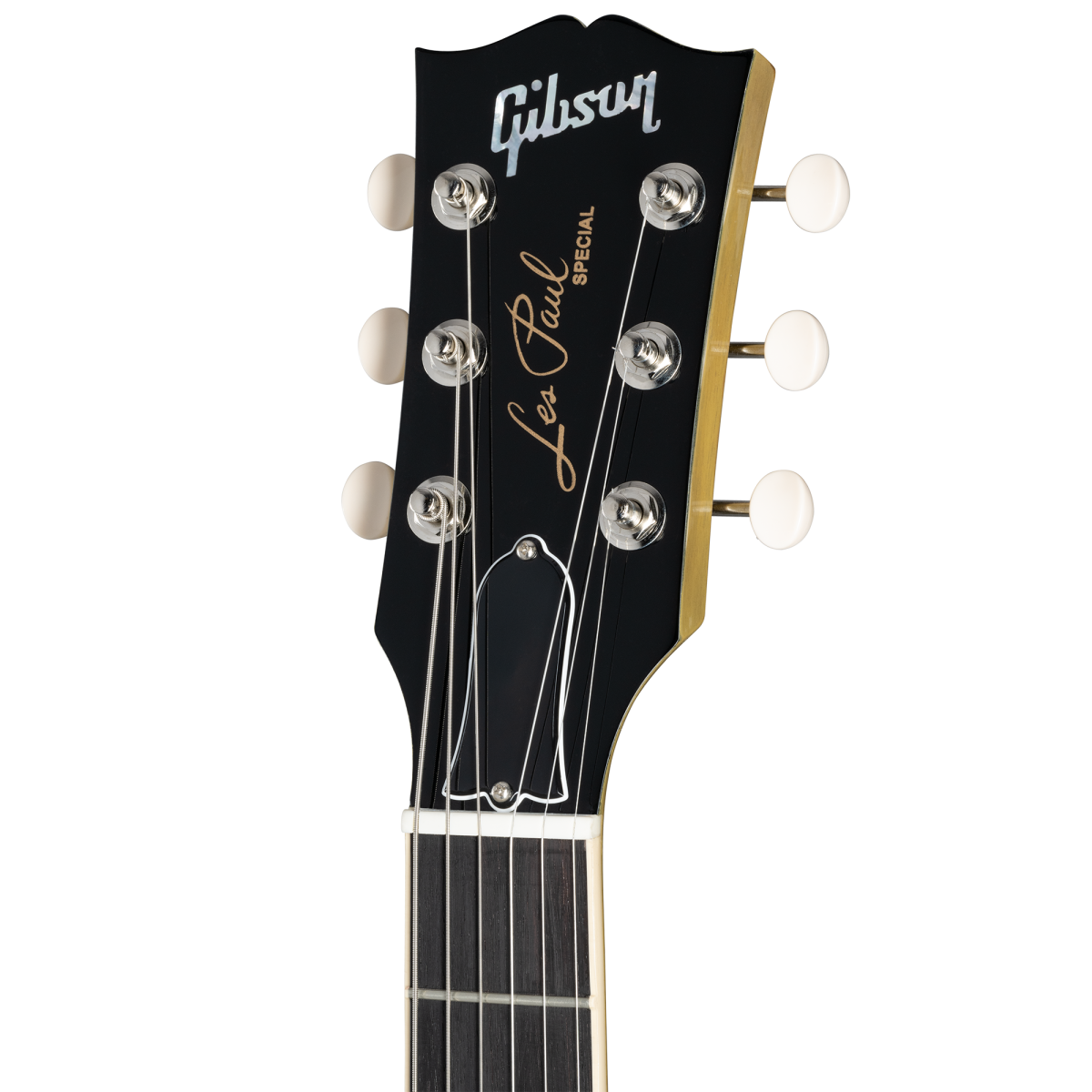 Headstock of a Gibson Les Paul Special electric guitar with six tuning pegs, black finish, and silver and gold script logos.