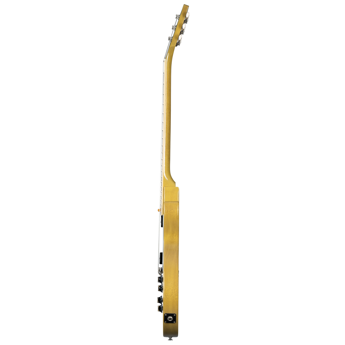 Side view of a yellow electric guitar showing the neck, headstock, and a portion of the body with visible input jack.