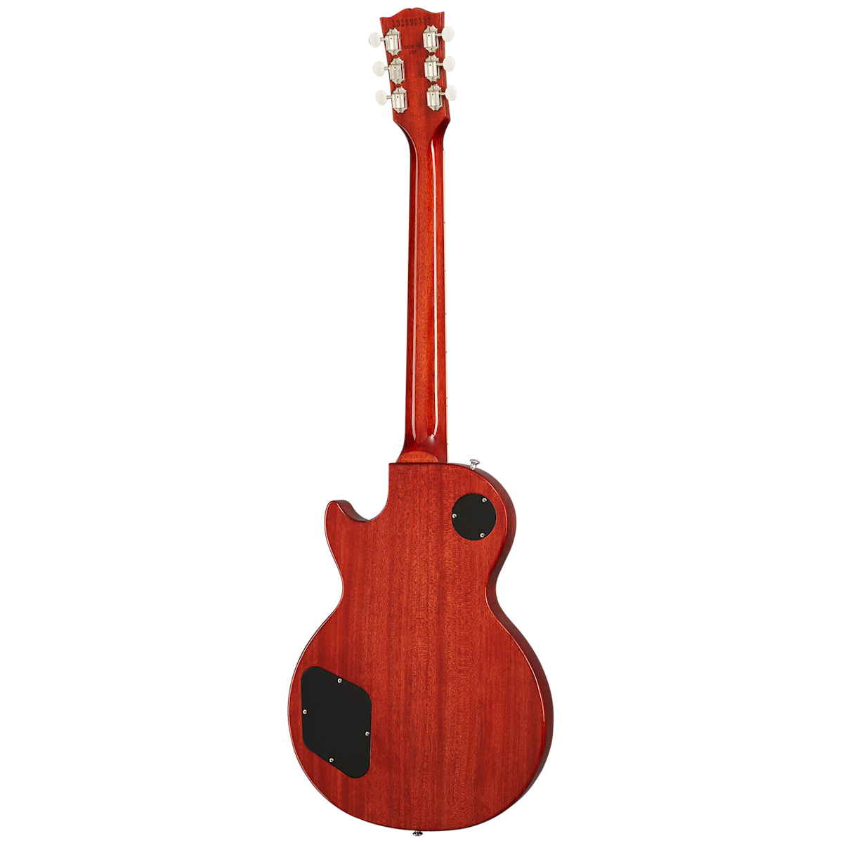 Rear view of a single-cutaway electric guitar with a reddish-brown wood finish and two black electronic cavity covers on the back.