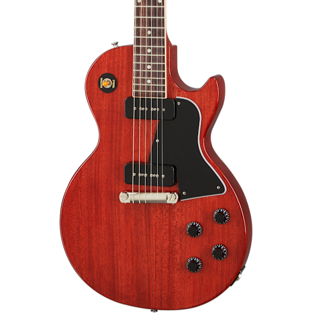 Red electric guitar with a single cutaway, two black pickups, black pickguard, four black control knobs, and a Tune-o-matic bridge.