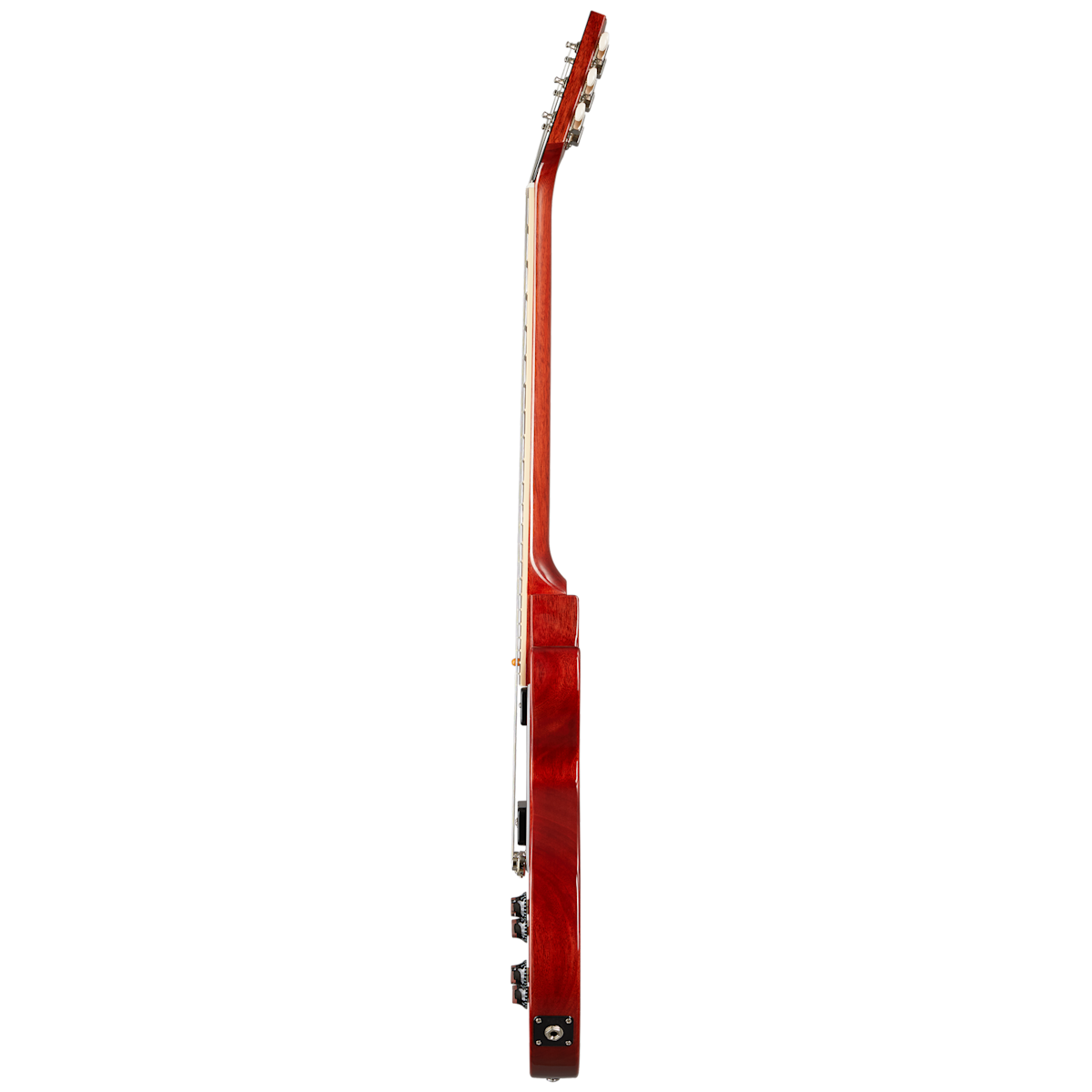 Electric guitar shown from the side, revealing a slim red-brown body and neck, control knobs, and tuning pegs along the headstock.