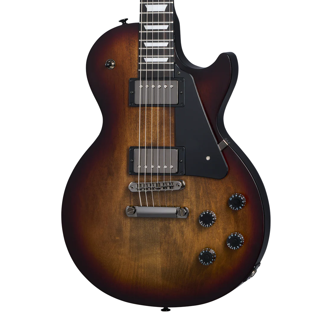 Sunburst finish electric guitar with a single cutaway, two humbucker pickups, four black control knobs, and a black pickguard.