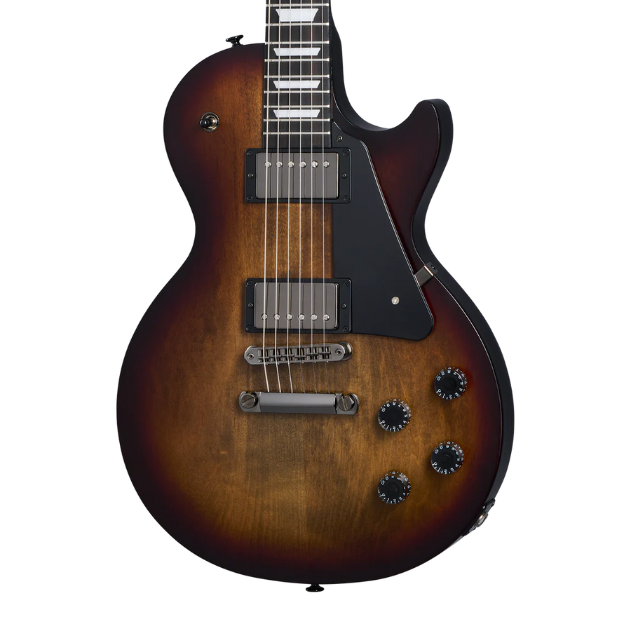 Sunburst finish electric guitar with a single cutaway, two humbucker pickups, four black control knobs, and a black pickguard.