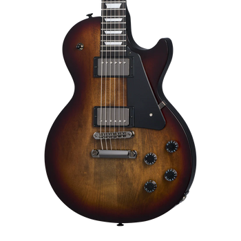 Sunburst finish electric guitar with a single cutaway, two humbucker pickups, four black control knobs, and a black pickguard.