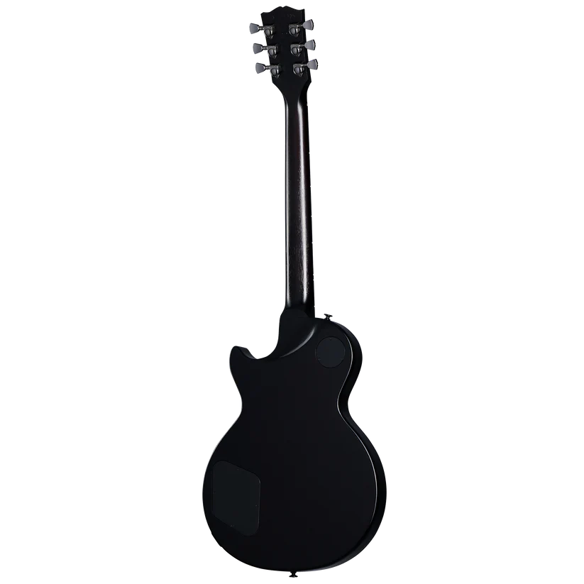 Rear view of a black electric guitar with a single-cutaway body, rounded edges, and visible back control cavity covers.