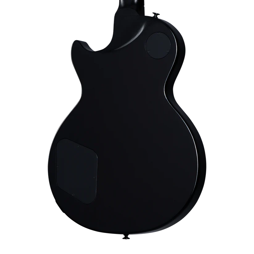 Back view of a solid-body black electric guitar showing two access panels for electronics.