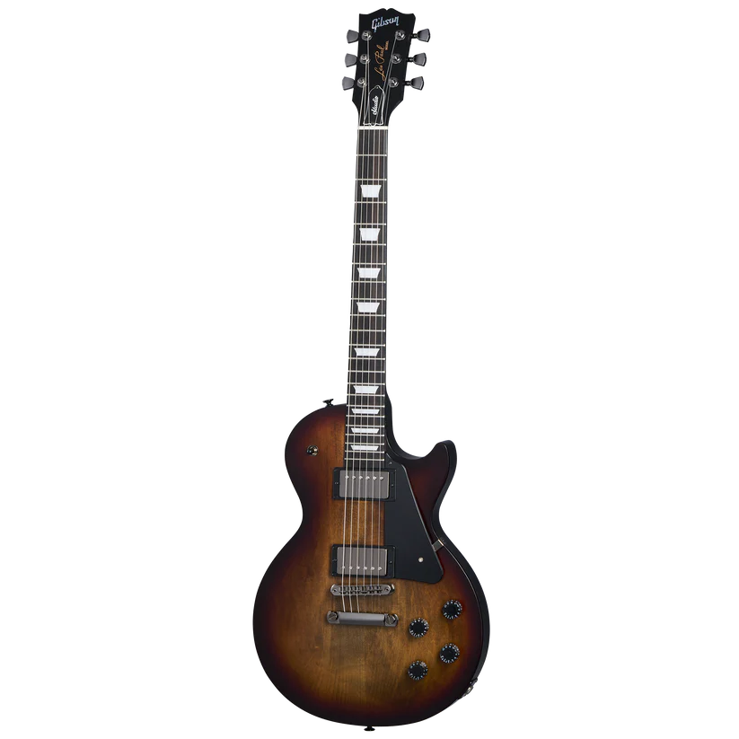 Sunburst-finish electric guitar with a single cutaway, two humbucker pickups, four black control knobs, and a black pickguard.