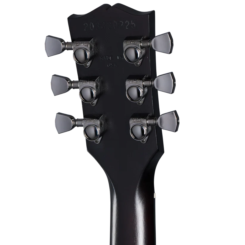 Six metal tuning pegs are mounted on the back of a dark electric guitar headstock, with a stamped serial number above them.