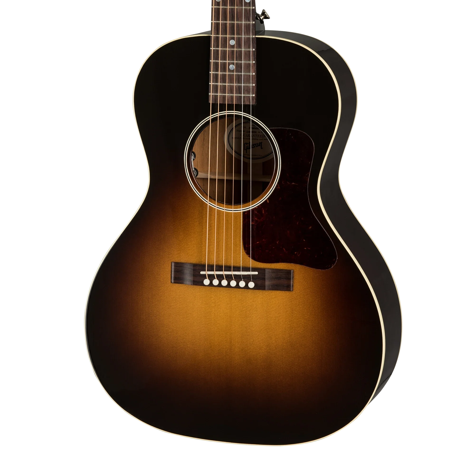 Sunburst-finish acoustic guitar with a dark outer edge, lighter brown center, white trim, tortoiseshell pickguard, and six strings.