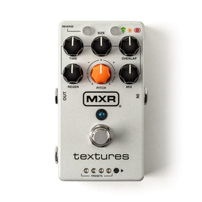 MXR Textures FX pedal with six knobs, an orange pitch dial in the center, single footswitch, five preset LEDs, labeled input and output.