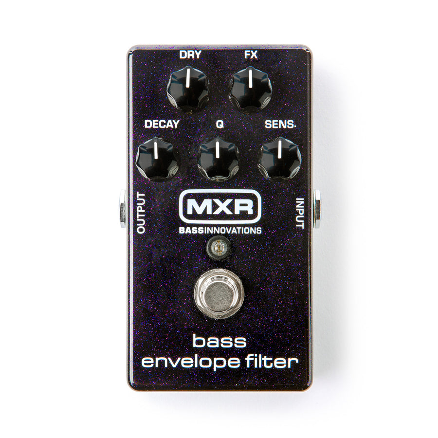 Compact MXR bass envelope filter effects pedal with four control knobs labeled Dry, FX, Decay, Sens, a footswitch, and input/output jacks.