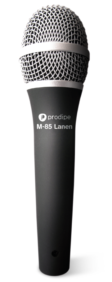 Handheld dynamic microphone with a silver mesh grille and black handle labeled “Prodipe M-85 Lanen.”
