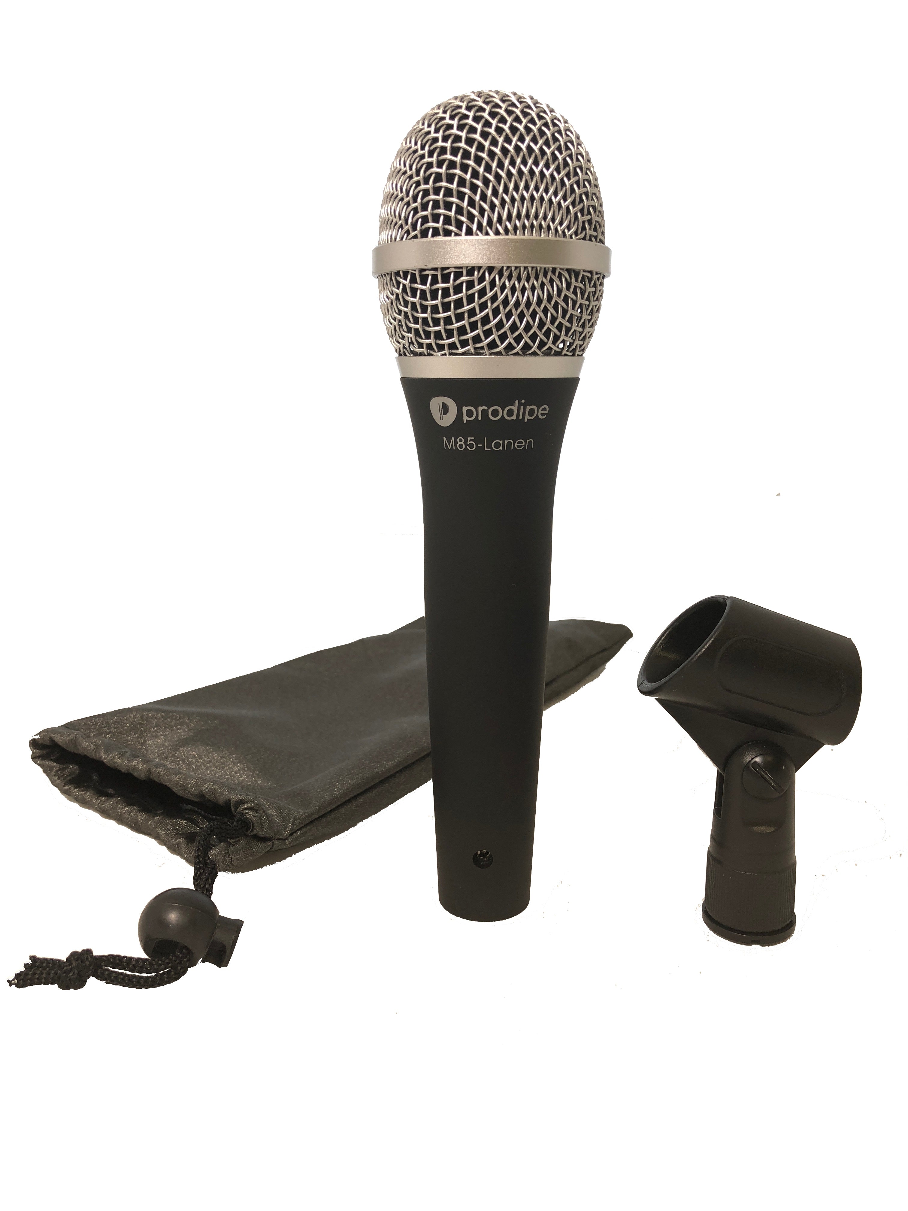 Handheld microphone labeled "Prodipe M85-Lanen" with a black pouch and a black microphone clip placed beside it.