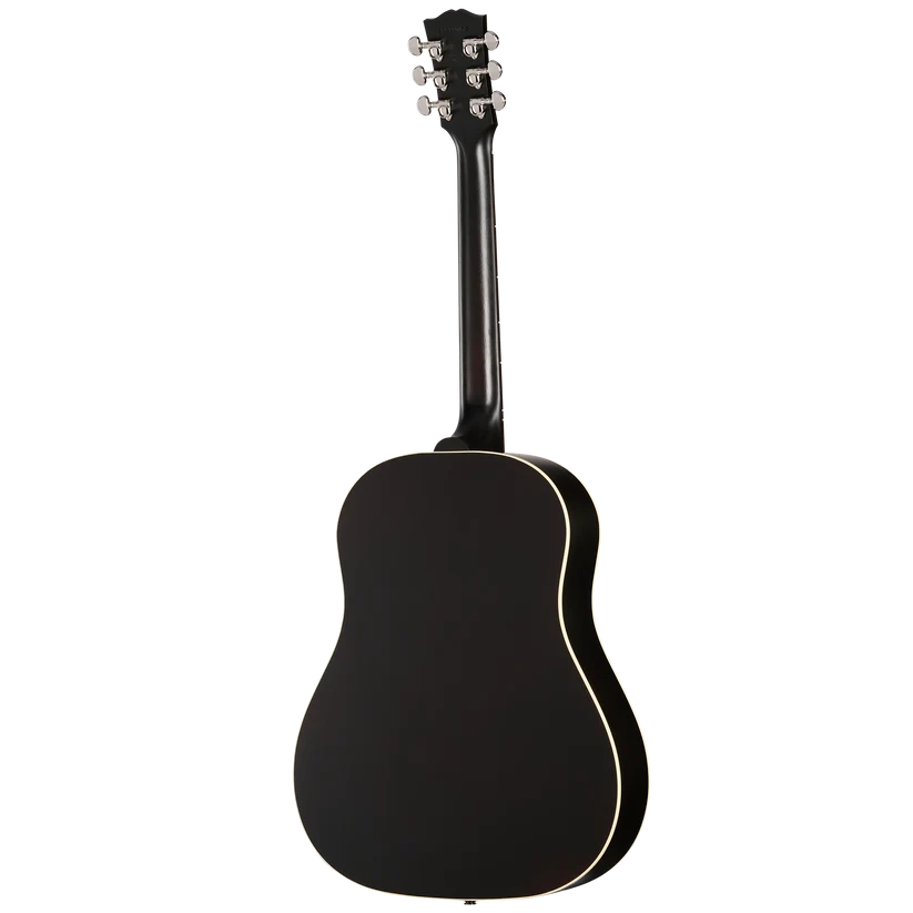 Back view of a black Epiphone acoustic guitar with cream binding and chrome tuning pegs.
